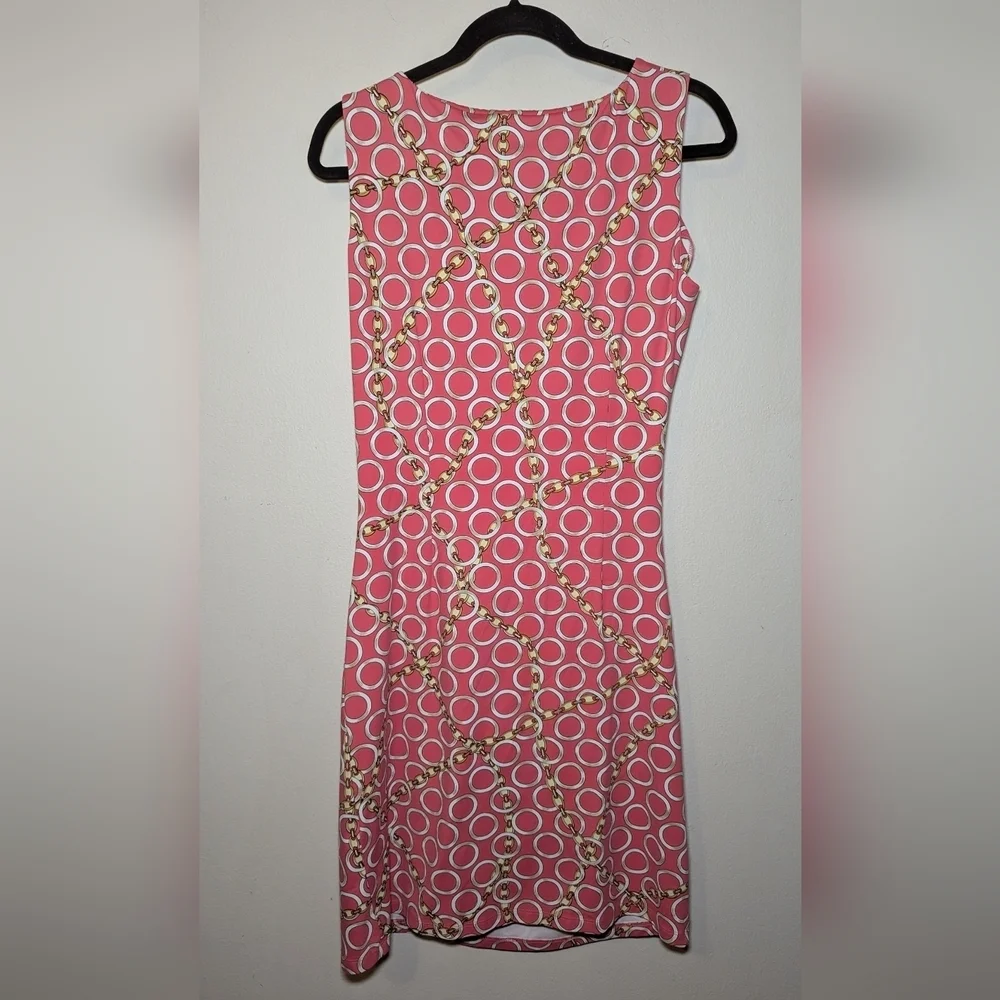 J. McLaughlin Pink + Gold Circles + Chains Pattern Ruched Dress Women's Size M - Picture 7 of 7